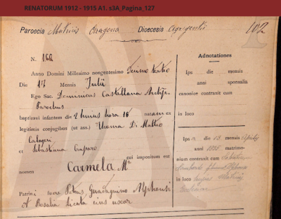 Baptism record #160 for Carmela Maria