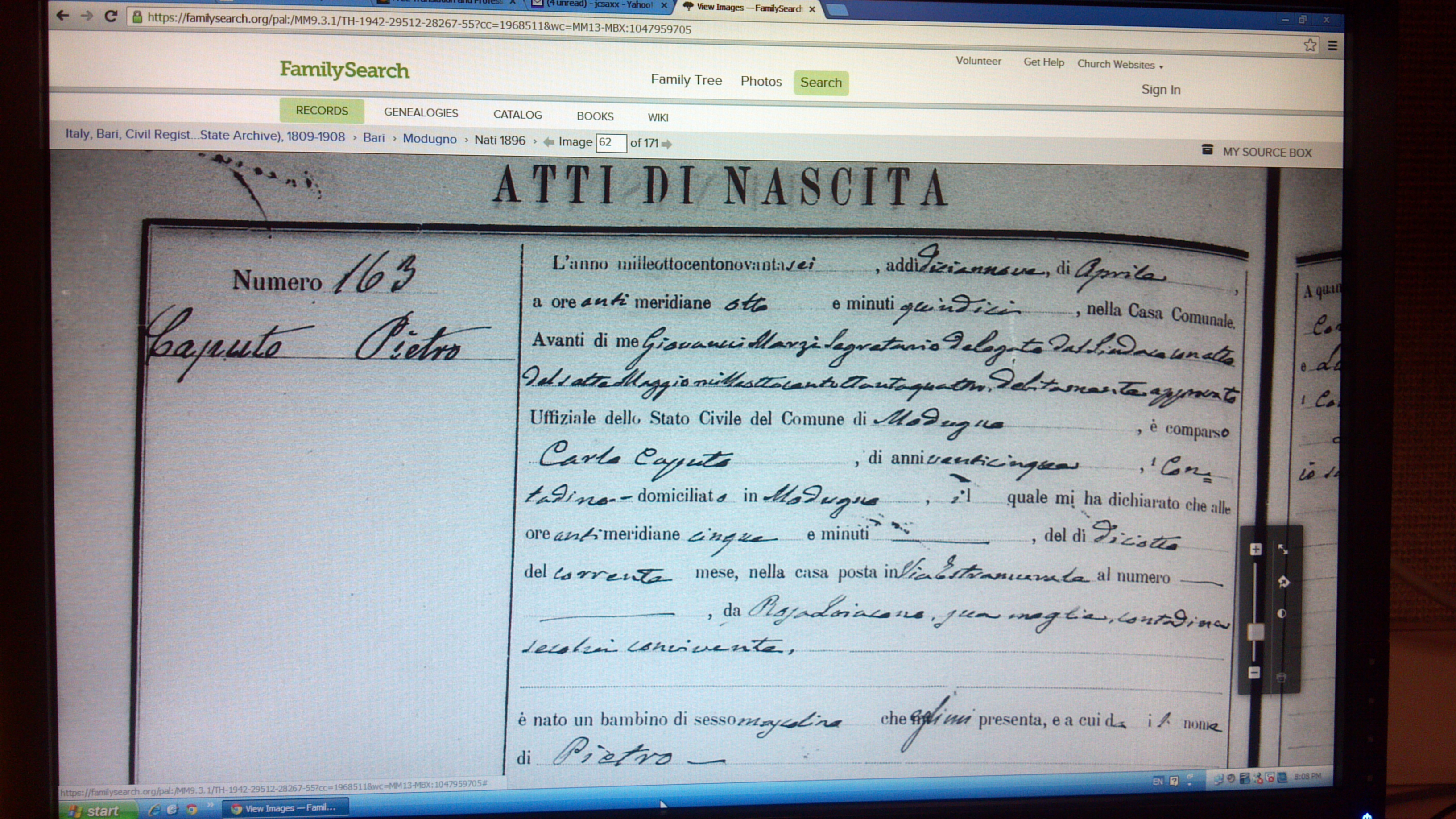 Atti Di Nascit for Pietro Caputo, 1896