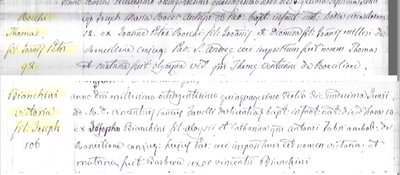 Log entries of the baptisms of Rocchi and Bianchini